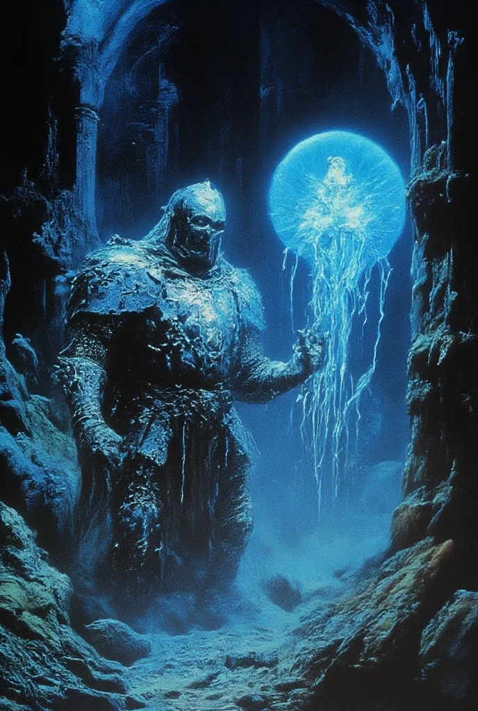 1980's, dvd screengrab, from 1982 dark fantasy film, knight with a suit of armor made entirely of glowing jellyfish. The translucent armor pulses with bioluminescent light, and tiny tentacles drift from the edges. His helmet resembles the bulbous head of a deep-sea creature, and his shield is a giant clam that opens and closes ominously. The knight stands in a surreal underwater landscape where coral towers twist unnaturally, and strange fish peer out with glowing eyes