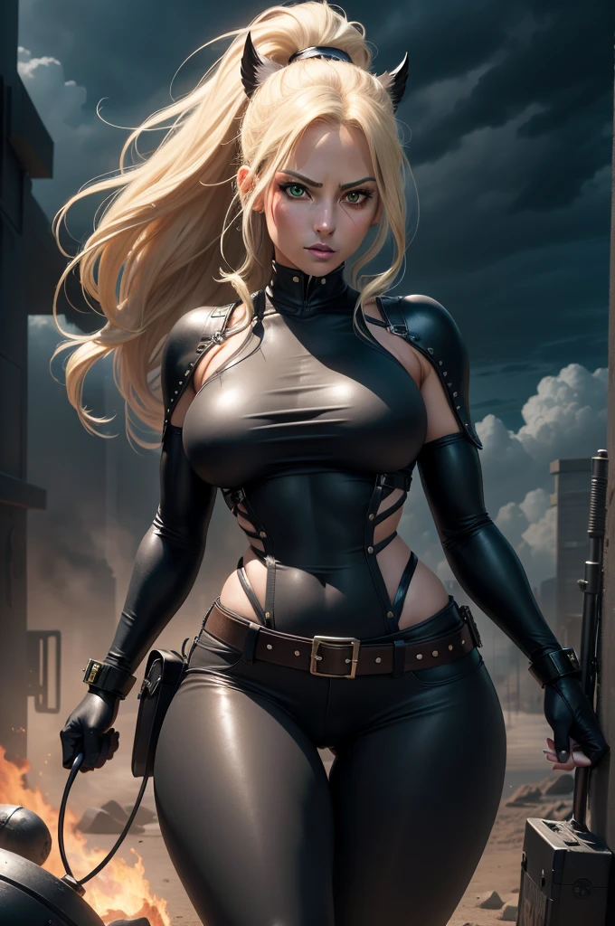 An anime character: A white woman with light eyes and a strong body. Her hair is long and blonde. She wears leather pants, with bandages covering the upper part of his body. Ao fundo, a dark medieval setting with an atmosphere of mystery and intensity.