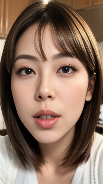 (a masterpiece portrait of a woman with ultra detailed features, in 8K resolution, with crisp quality and vibrant colors)、( focusing on her face)、 one woman、 Japanese、Age 30、Brunette woman、 Pro Pictures、Beautifully arranged short bob cut hair、( shot from the front :1.4)、(Front View:1.4)、( viewers:1.8)、 glossy red lipstick 、 glossy red lipstick 、Thick lips、 brown eyes、Round eyes、A face waiting for a kiss、background: home kitchen 、 is placed in the center of the screen、