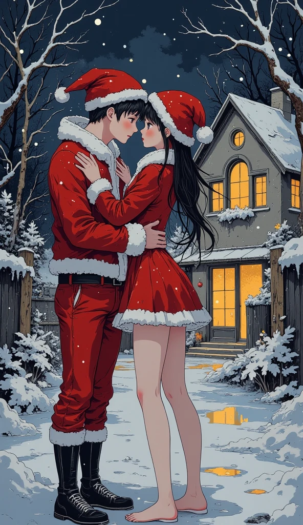 a young korean girl.
 dressed as Santa Claus , sexy.
 A young Korean man .
 Santa Claus dress.
cena:
 They're kissing in front of the house decorated for Christmas.
It's a dark night and it's snowing a lot .
 full body.
(anime style 32K, HDR, UHD, intricate detail, extremely intricate detail, hyperrealistic, extremely realistic, high quality,  vivid color , extremely detailed).