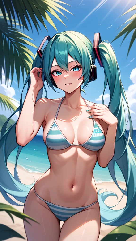 (((anime-style cute face))),(((Hatsune Miku))),Highest quality, (Sharp details), (8k, RAW Photos, Highest quality, masterpiece), (extremely detailed 8k wallpaper),Professional Lighting,Sharp focus, Depth of written boundary、Ticker,(((Face close-up)))、(looking at the camera),(Cute Breasts:1.4)、 (Beautiful breasts:1.4)、20-year-old、((((very happy face))))、Very big eyes、anatomically correct body、Big thighs、Light from the front、The face is bright、Athletics Stadium、Healthful、Slightly muscular、((((Shiny black bikini))))、(lime green hot pants:1.2)、(Fitted clothing)、wrinkles of the female genitalia、Cleavage、Belly button、Nipples seem to be visible、White gloves、Glowing Skin、Brown skin、Cheerful pose、(Lewd)