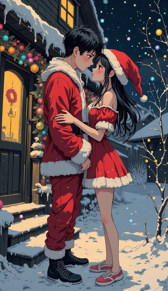 a young korean girl.
 dressed as Santa Claus , sexy.
 A young Korean man .
 Santa Claus dress.
cena:
 They're kissing in front of the house decorated for Christmas.
It's a dark night and it's snowing a lot .
 full body.
(anime style 32K, HDR, UHD, intricate detail, extremely intricate detail, hyperrealistic, extremely realistic, high quality,  vivid color , extremely detailed).