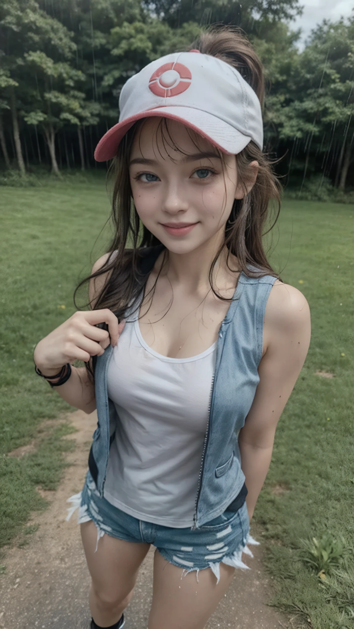 ( masterpiece,  better quality,  Detailed ), 1 girl, Alone, greeting,  looking at the camera , pokemon hilda,  high ponytail ,  long hair, Blue eyes, baseball cap, vest,  denim shorts, camisa blanca,  medium breasts, shorts cortos, sleeveless shirt, black vest open, wristband,  outdoor, forest, Naturaleza, Grass, tree, flower, move, Evening, Dark, selfie, smile,  Open mouth, happy, full body, tennis, wet, under the rain, smile, Chica con Frío