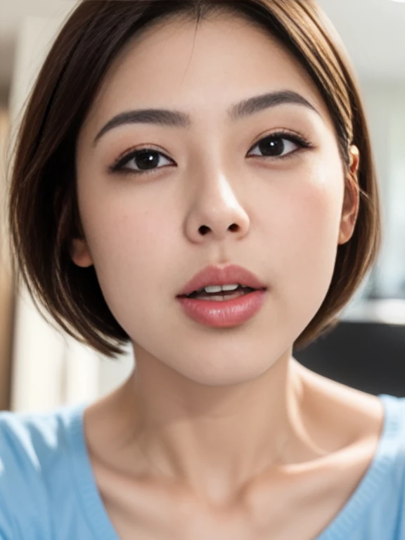 (a masterpiece portrait of a woman with ultra detailed features, in 8K resolution, with crisp quality and vibrant colors)、( focusing on her face)、 one woman、 Japanese、Age 30、Brunette woman、 Pro Pictures、Beautifully arranged short bob cut hair、( shot from the front :1.4)、(Front View:1.4)、( viewers:1.8)、 glossy red lipstick 、 glossy red lipstick 、Thick lips、 brown eyes、Round eyes、A face waiting for a kiss、background: home kitchen 、 is placed in the center of the screen、