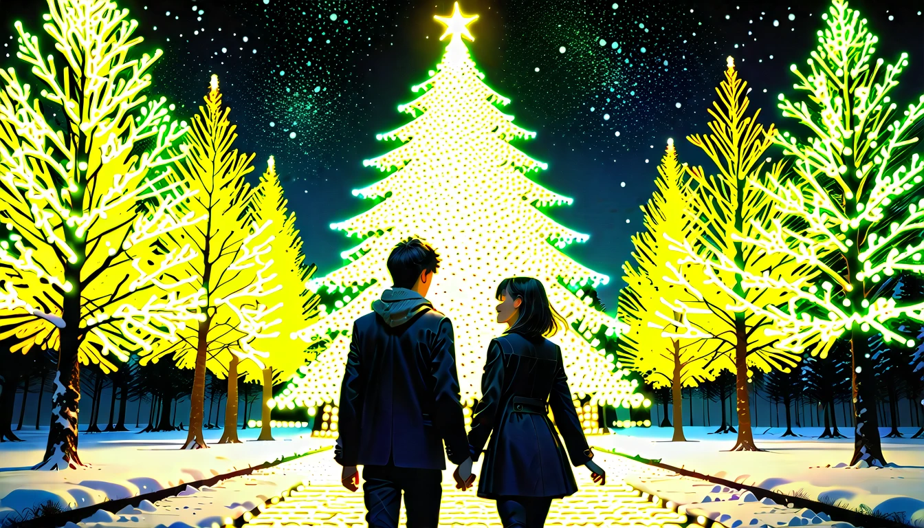 A beautiful and heartwarming Christmas album cover. The scene features a snowy town square under a starry night sky, illuminated by golden streetlights and festive decorations. A couple stands in the foreground holding hands, surrounded by softly falling snow. In the background, a large Christmas tree adorned with glowing lights and ornaments takes center stage. 