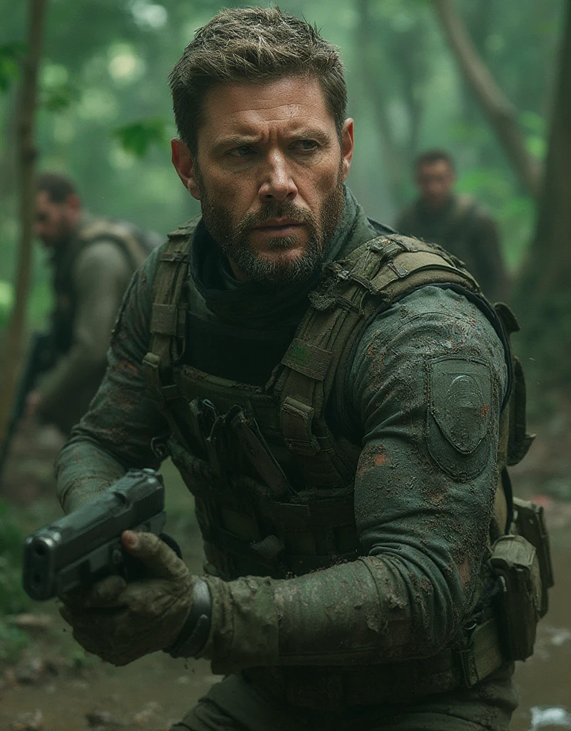 Jensen Ackles wearing the costume of the protagonist of the game Metal Gear wielding a pistol with a silencer, Forest and swamp scenery , Pose Epica de combate, dirty with mud