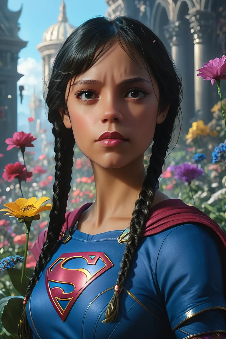 Jenna_Ortega,  Epic full-length fantasy painting depicting a supergirl ,  face with a flower by Sandro Botiicelli , Reno Mathgen , head and shoulder portrait ,  conceptual portrait artwork in 8k resolution by Greg Rutkowski, , clap,  Alphons Mucha dynamic lighting hyperdetailed A splash of art ,  triadic colors Unreal Engine 5 surround lighting 