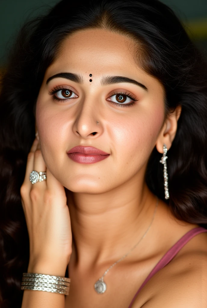 A captivating close-up portrait of Anushka Shetty showcases her stunning visage, with luscious, curly locks framing her face looking at viewer. Her expressive brown eyes, adorned with subtle makeup, take center stage, accompanied by delicate silver earrings and a statement ring. Multiple bangles on her wrists add a touch of sophistication. As she gently rests her hand on her neck, a small decorative bindi adorns her forehead, exuding poise and elegance. The softly blurred background allows her radiant features to take prominence. (Her skin is a masterpiece of detailed realism, featuring blackheads, freckles, and natural red posts, while her eyelashes are lush and her eye pupils shine bright). Perfectly shaped eyebrows complete the portrait's allure.Sharp detailed realistic image of a close up of a person's lips, (detailed skin pore), detailed skin,realism pushed to extreme, fine texture, incredibly lifelike,UHD, 4k, ultra detailed, cinematic,sharp detailed realistic image,AnushkaShettyFlux