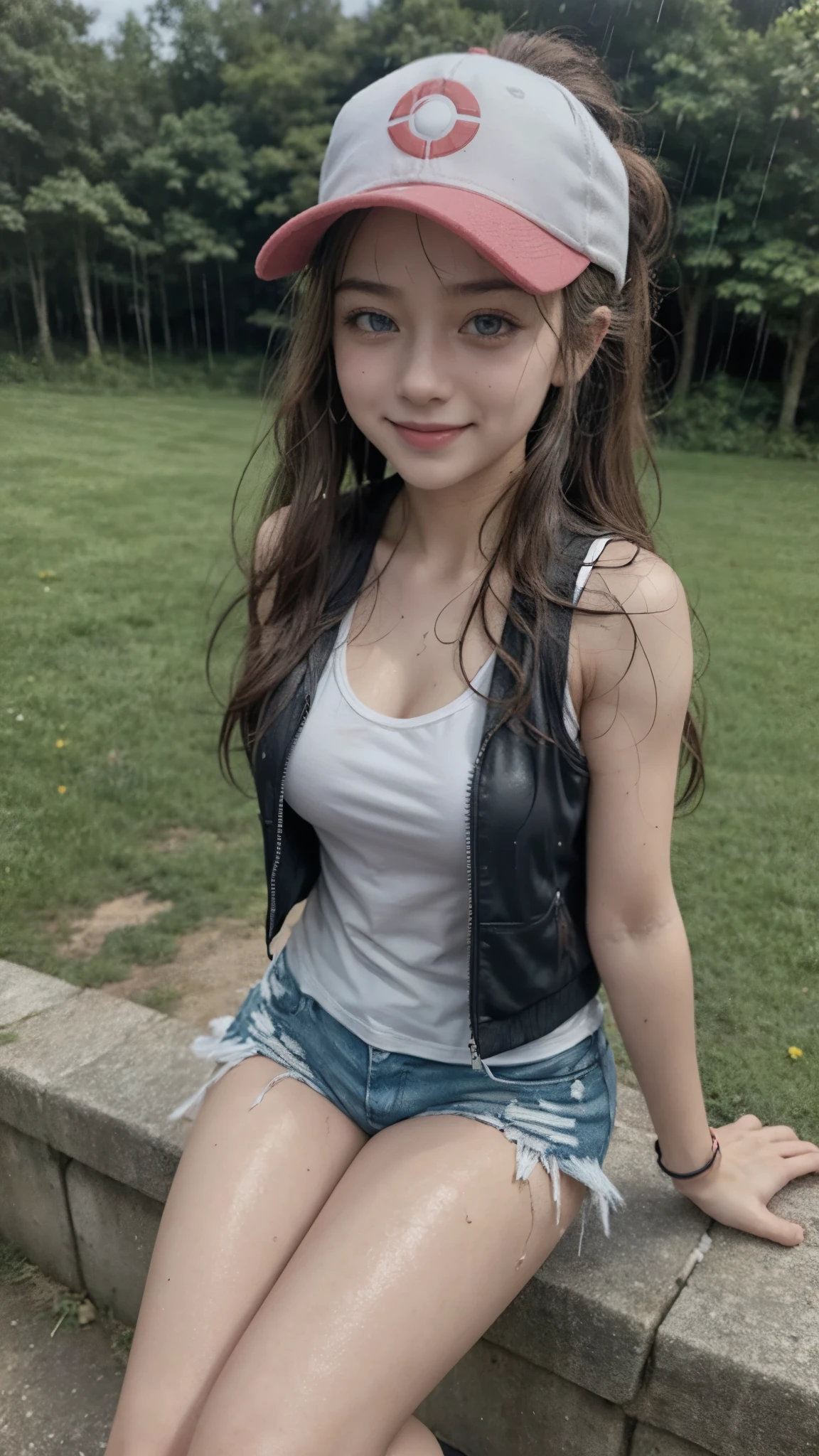 ( masterpiece,  better quality,  Detailed ), 1 girl, Alone, greeting,  looking at the camera , pokemon hilda,  high ponytail ,  long hair, Blue eyes, baseball cap, vest,  denim shorts, camisa blanca,  medium breasts, shorts cortos, sleeveless shirt, black vest open, wristband,  outdoor, forest, Naturaleza, Grass, tree, flower, move, Evening, Dark, selfie, smile,  Open mouth, happy, full body, tennis, wet, under the rain, smile, Chica con Frío