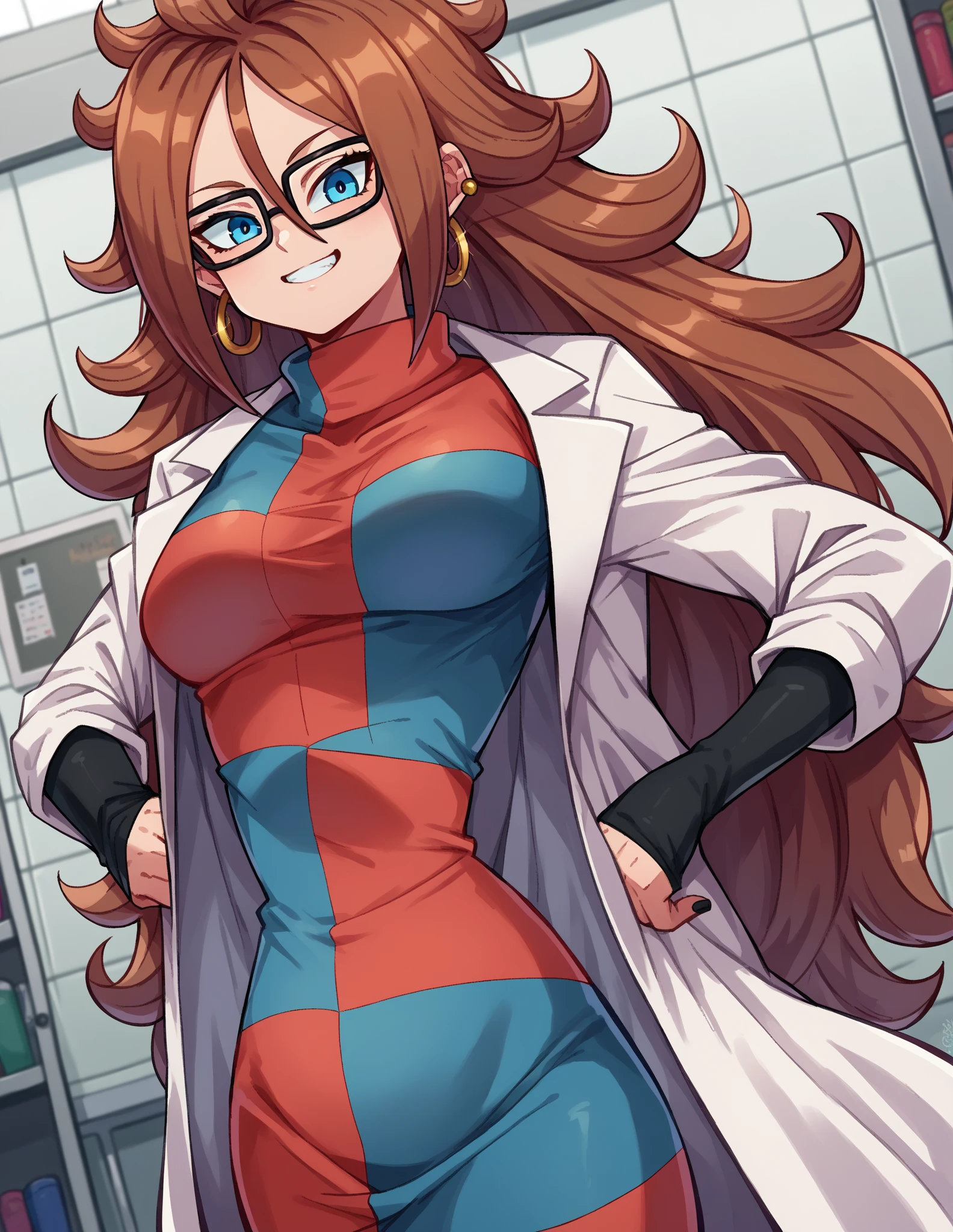 score_9, score_8_up, score_7_up, source_anime,
bigboob, bigbreast, R-18, tikfuck, paizuiri, android21, android 21, blue eyes, brown hair, glasses, long hair, very long hair, black-framed eyewear, smile,
black sleeves, checkered clothes, checkered dress, detached sleeves, dress, lab coat, turtleneck,
indoors,
looking at viewer, dutch angle, cowboy shot,