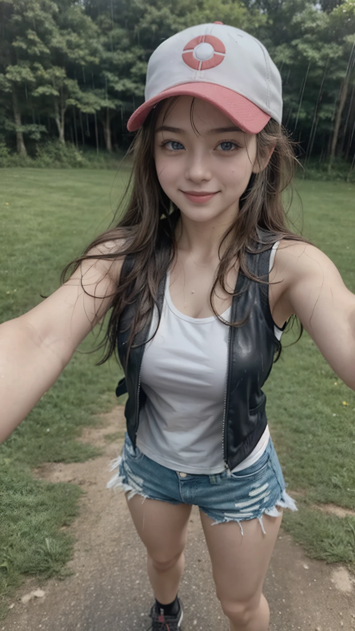 ( masterpiece,  better quality,  Detailed ), 1 girl, Alone, greeting,  looking at the camera , pokemon hilda,  high ponytail ,  long hair, Blue eyes, baseball cap, vest,  denim shorts, camisa blanca,  medium breasts, shorts cortos, sleeveless shirt, black vest open, wristband,  outdoor, forest, Naturaleza, Grass, tree, flower, move, Evening, Dark, selfie, smile,  Open mouth, happy, full body, tennis, wet, under the rain, smile, Chica con Frío