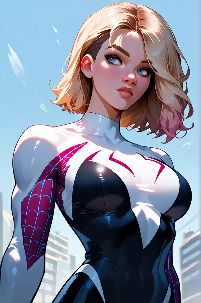 Draw gwen stacy spider women big breast doing sexy pose close up image of her waist, blond short hairs ,long waist inspider suit