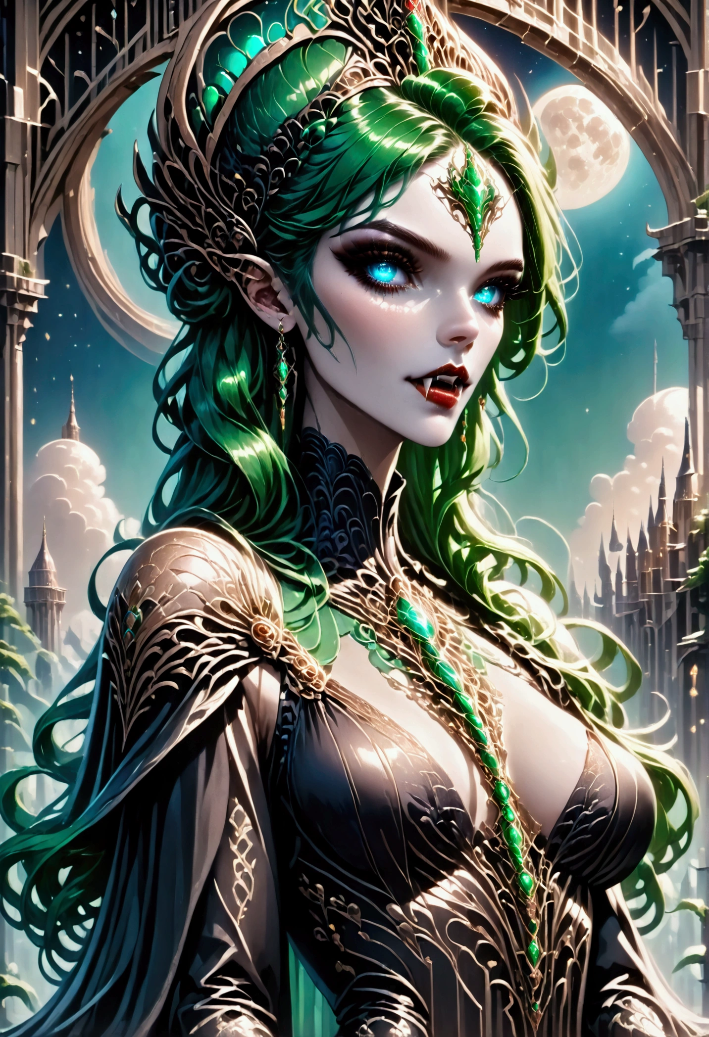 art deco illustration, gothic art, (masterpiece:1.5), full body best details, highly detailed, best quality, highres, full body portrait of a female vampire, (Masterpiece, best quality: 1.6), ultra feminine, with a long curvy hair, green hair, glowing blue eyes, busty, ((beautiful delicate face)), Ultra Detailed Face (intricate details, fantasy art, Masterpiece, best quality: 1.5), ((vampiric fangs 1.5)), flowing cloak (intricate details, fantasy art, Masterpiece, best quality: 1.3), wearing an intricate (black silk dress: 1.4) intricate leather dress (intricate details, fantasy art, Masterpiece, best quality: 1.5), high heeled boots, fantasy urban background (intense details, beat details), fantasy, at night light, natural ,moon light, clouds, gothic atmosphere, soft light, dynamic light, [[anatomically correct]], high details, best quality, 8k, [ultra detailed], masterpiece, best quality, (extremely detailed), dynamic angle, rpg portrait, photograph, Perfect Fangs,
