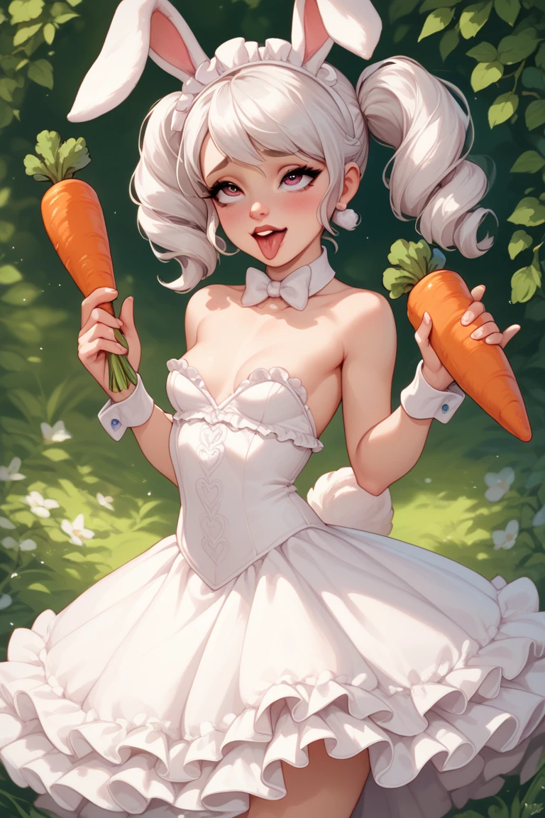 a beautiful woman, bunny ears, duble puny tails white hair, ahegao, white ruffled dress, small breasts, sexy, adult, fantasy, cute, adorable, holding a carrot  