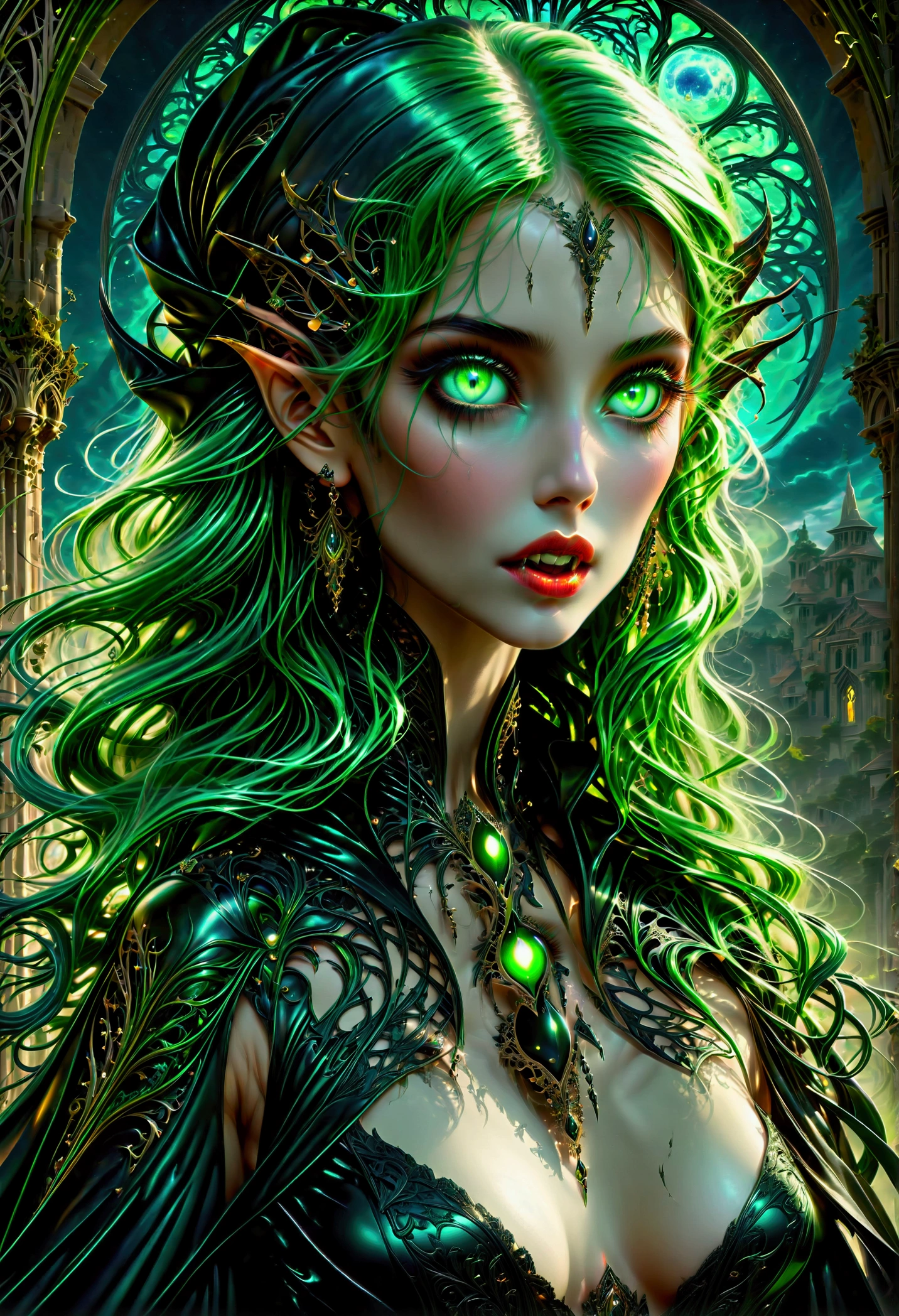 art deco illustration, gothic art, (masterpiece:1.5), full body best details, highly detailed, best quality, highres, full body portrait of a female vampire, (Masterpiece, best quality: 1.6), ultra feminine, with a long curvy hair, green hair, glowing blue eyes, busty, ((beautiful delicate face)), Ultra Detailed Face (intricate details, fantasy art, Masterpiece, best quality: 1.5), ((vampiric fangs 1.5)), flowing cloak (intricate details, fantasy art, Masterpiece, best quality: 1.3), wearing an intricate (black silk dress: 1.4) intricate leather dress (intricate details, fantasy art, Masterpiece, best quality: 1.5), high heeled boots, fantasy urban background (intense details, beat details), fantasy, at night light, natural ,moon light, clouds, gothic atmosphere, soft light, dynamic light, [[anatomically correct]], high details, best quality, 8k, [ultra detailed], masterpiece, best quality, (extremely detailed), dynamic angle, rpg portrait, photograph, Perfect Fangs,
