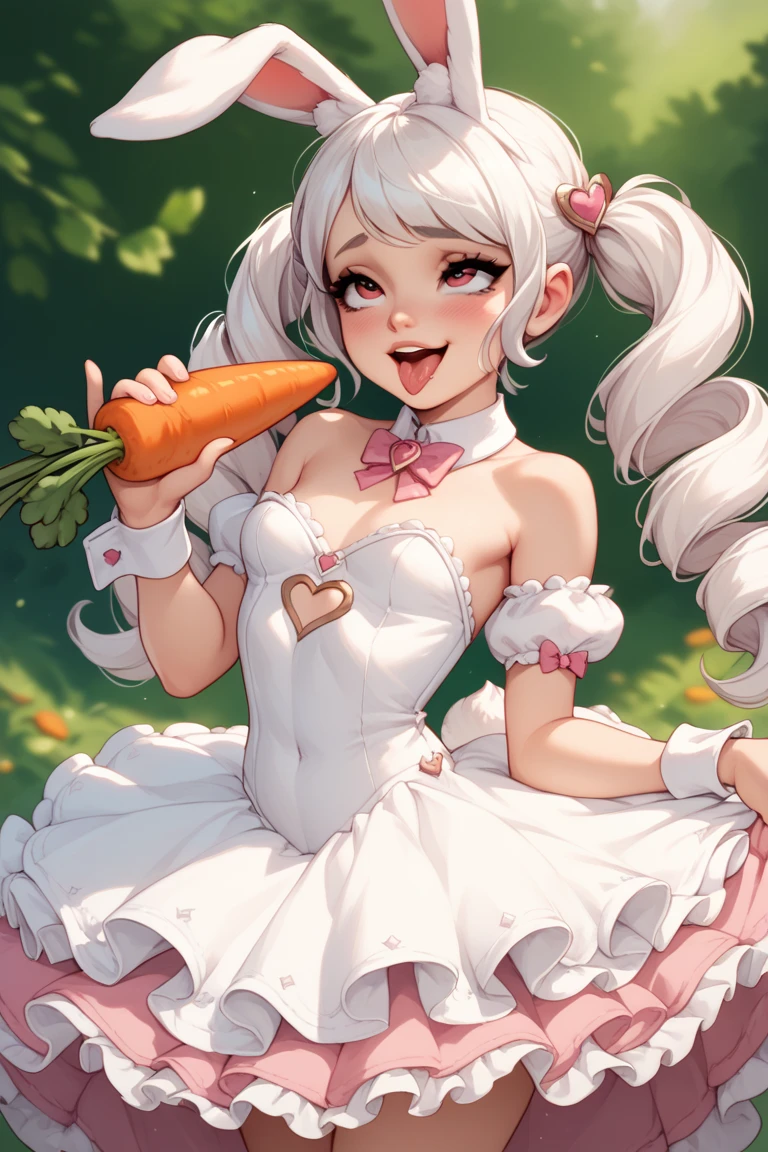 a beautiful woman, bunny ears, duble puny tails white hair, ahegao, white ruffled dress, small breasts, sexy, adult, fantasy, cute, adorable, holding a carrot  