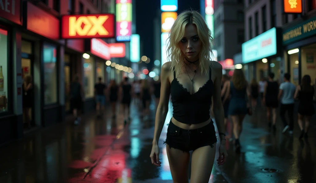 Night, realistic, photography of a tiny, drug-addicted young blonde woman, resembling Emma Stone, with a large interpupillary distance. She has smokey eyes, wears black shorts and black shoes, and walks down the right side of a wet pedestrian walkway on a bustling New York City street at night. Neon lights from the vibrant signs above illuminate the scene, reflecting off puddles on the ground. Her drug-fogged eyes stare blankly into space, completely disconnected from the lively chaos around her. The atmosphere is dark, heavy, and somber, capturing her isolation and despair amidst the city's relentless energy