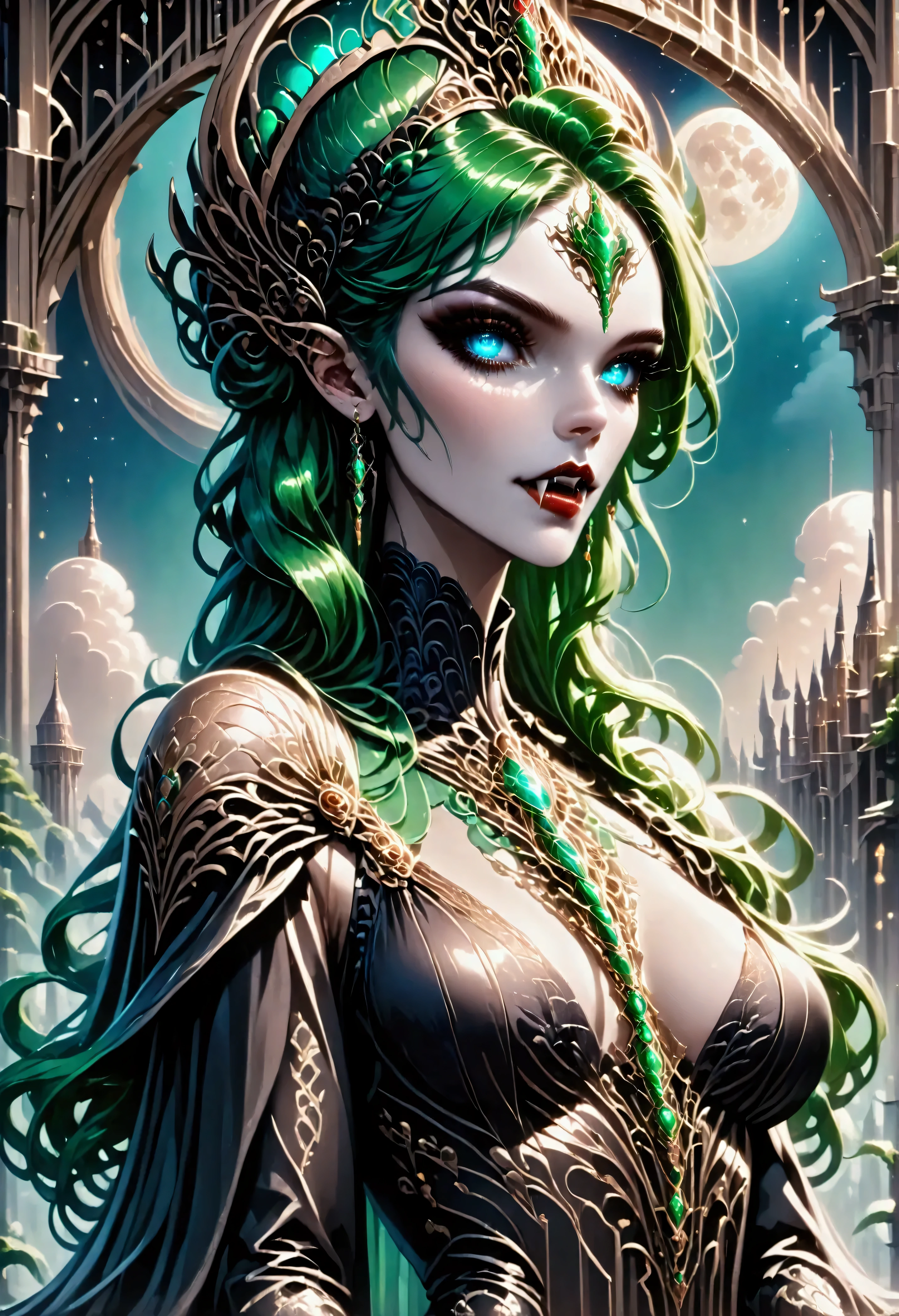 art deco illustration, gothic art, (masterpiece:1.5), full body best details, highly detailed, best quality, highres, full body portrait of a female vampire, (Masterpiece, best quality: 1.6), ultra feminine, with a long curvy hair, green hair, glowing blue eyes, busty, ((beautiful delicate face)), Ultra Detailed Face (intricate details, fantasy art, Masterpiece, best quality: 1.5), ((vampiric fangs 1.5)), flowing cloak (intricate details, fantasy art, Masterpiece, best quality: 1.3), wearing an intricate (black silk dress: 1.4) intricate leather dress (intricate details, fantasy art, Masterpiece, best quality: 1.5), high heeled boots, fantasy urban background (intense details, beat details), fantasy, at night light, natural ,moon light, clouds, gothic atmosphere, soft light, dynamic light, [[anatomically correct]], high details, best quality, 8k, [ultra detailed], masterpiece, best quality, (extremely detailed), dynamic angle, rpg portrait, photograph, Perfect Fangs,
