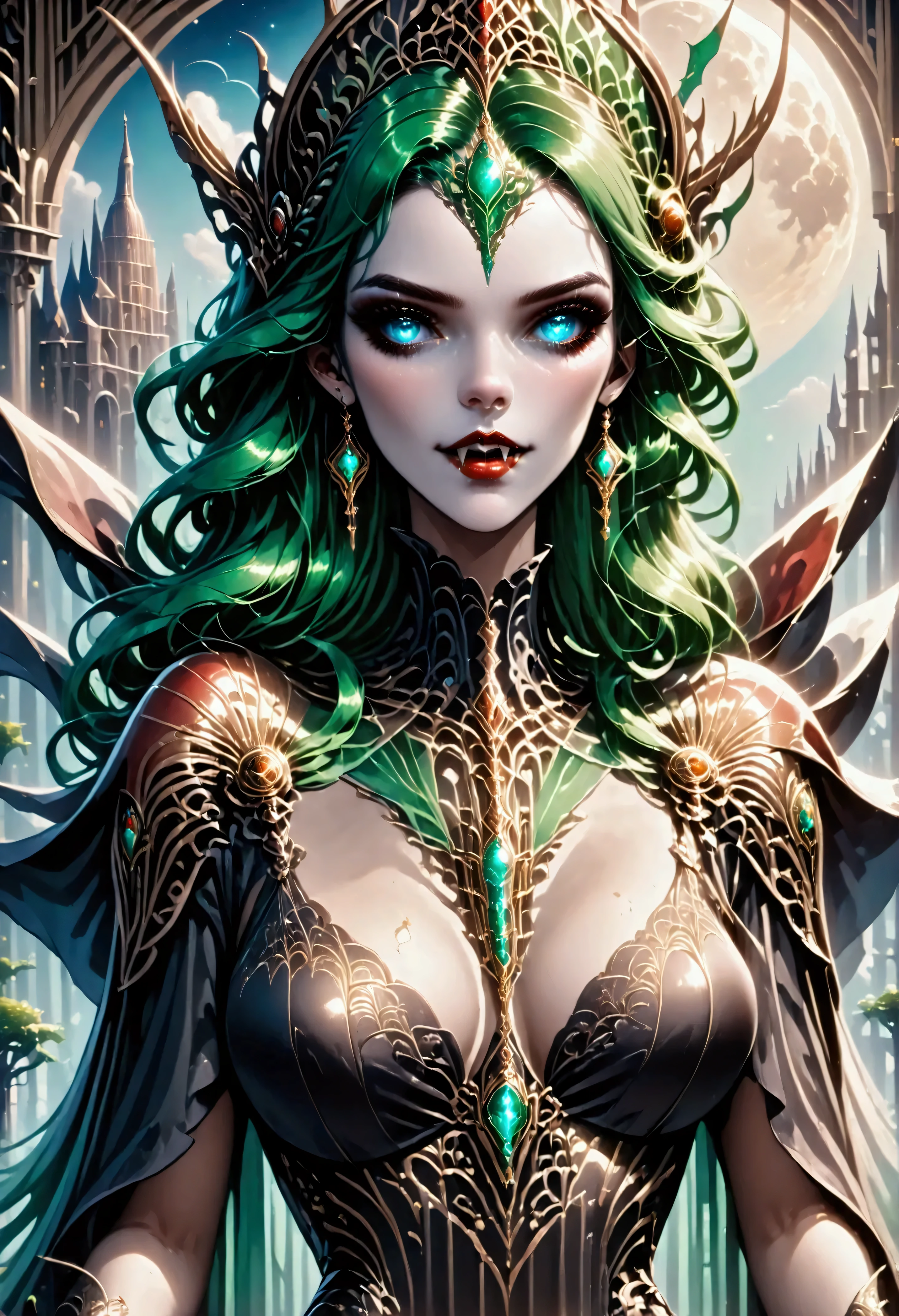 art deco illustration, gothic art, (masterpiece:1.5), full body best details, highly detailed, best quality, highres, full body portrait of a female vampire, (Masterpiece, best quality: 1.6), ultra feminine, with a long curvy hair, green hair, glowing blue eyes, busty, ((beautiful delicate face)), Ultra Detailed Face (intricate details, fantasy art, Masterpiece, best quality: 1.5), ((vampiric fangs 1.5)), flowing cloak (intricate details, fantasy art, Masterpiece, best quality: 1.3), wearing an intricate (black silk dress: 1.4) intricate leather dress (intricate details, fantasy art, Masterpiece, best quality: 1.5), high heeled boots, fantasy urban background (intense details, beat details), fantasy, at night light, natural ,moon light, clouds, gothic atmosphere, soft light, dynamic light, [[anatomically correct]], high details, best quality, 8k, [ultra detailed], masterpiece, best quality, (extremely detailed), dynamic angle, rpg portrait, photograph, Perfect Fangs,
