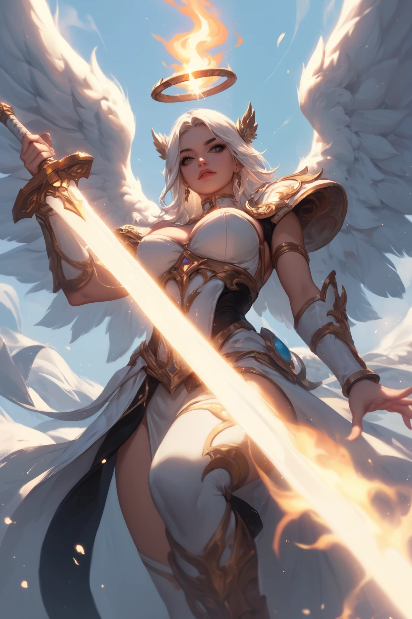 An epic battle between an angel of God with a large and imposing white wing , This female angel carries two flaming swords, Imposing swords.  Bottom view
