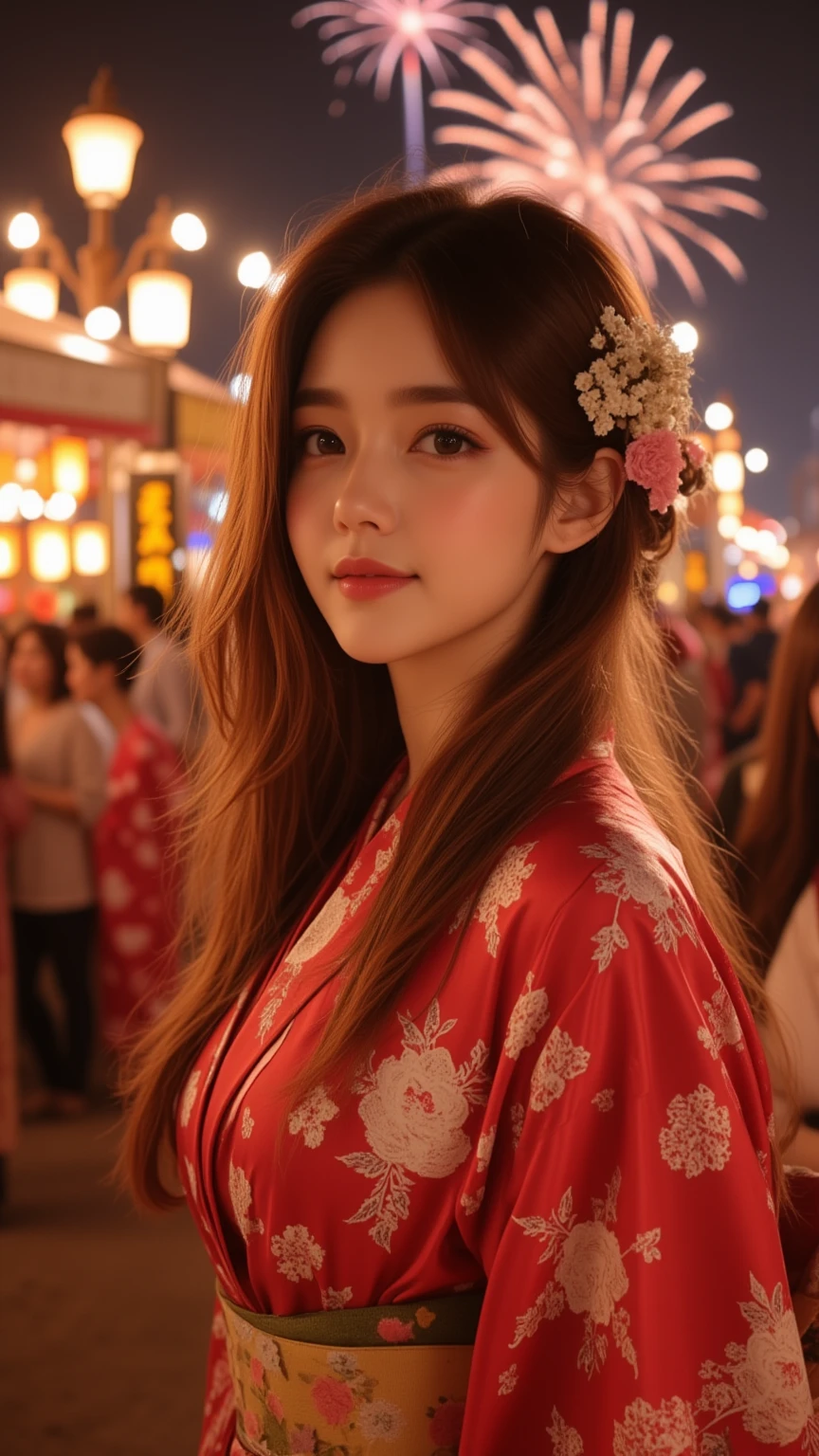 Brown hair, brown eyes, mid-chest, long hair, masterpiece, top quality, traditional Japanese festival theme, night background with shining lanterns, busy festival stand in flower-patterned yukata, warm shining lights, soft smiles, hair styled with delicate flower accessories, wind gently moving the yukata fabric, fireworks lighting the sky, vibrant colors, mid-shot view, festive and vibrant atmosphere