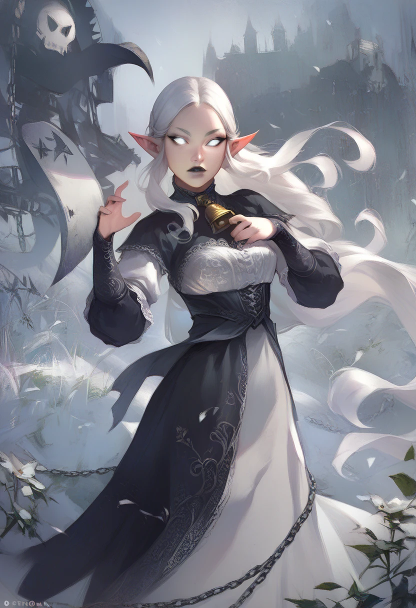 masterpiece, elf woman, solo,young, pale, (very long hair), very straight hair, white hair, black lipstick, white eyes, (white velvet lace dress), black eyebrows, in a snow dead cemetery garden, cute, closeup, expressionless, (long horns), evil, dynamic pose, big silver chains around, bells, big boobs