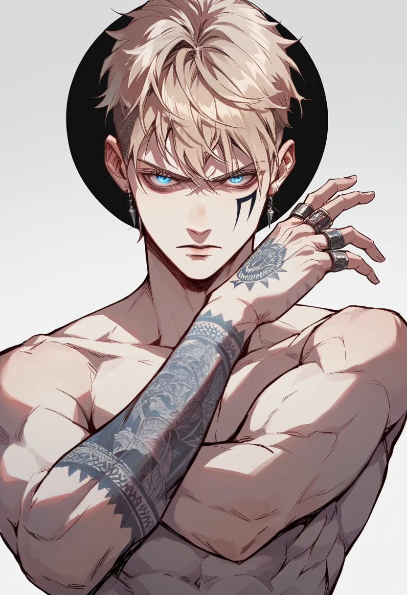 1male, light blond hair, light blue eyes, pale skin, bangs, athletic body, two ring tattoos around each of his forearms, simple background, modern clotches, serious, dark circles under eyes