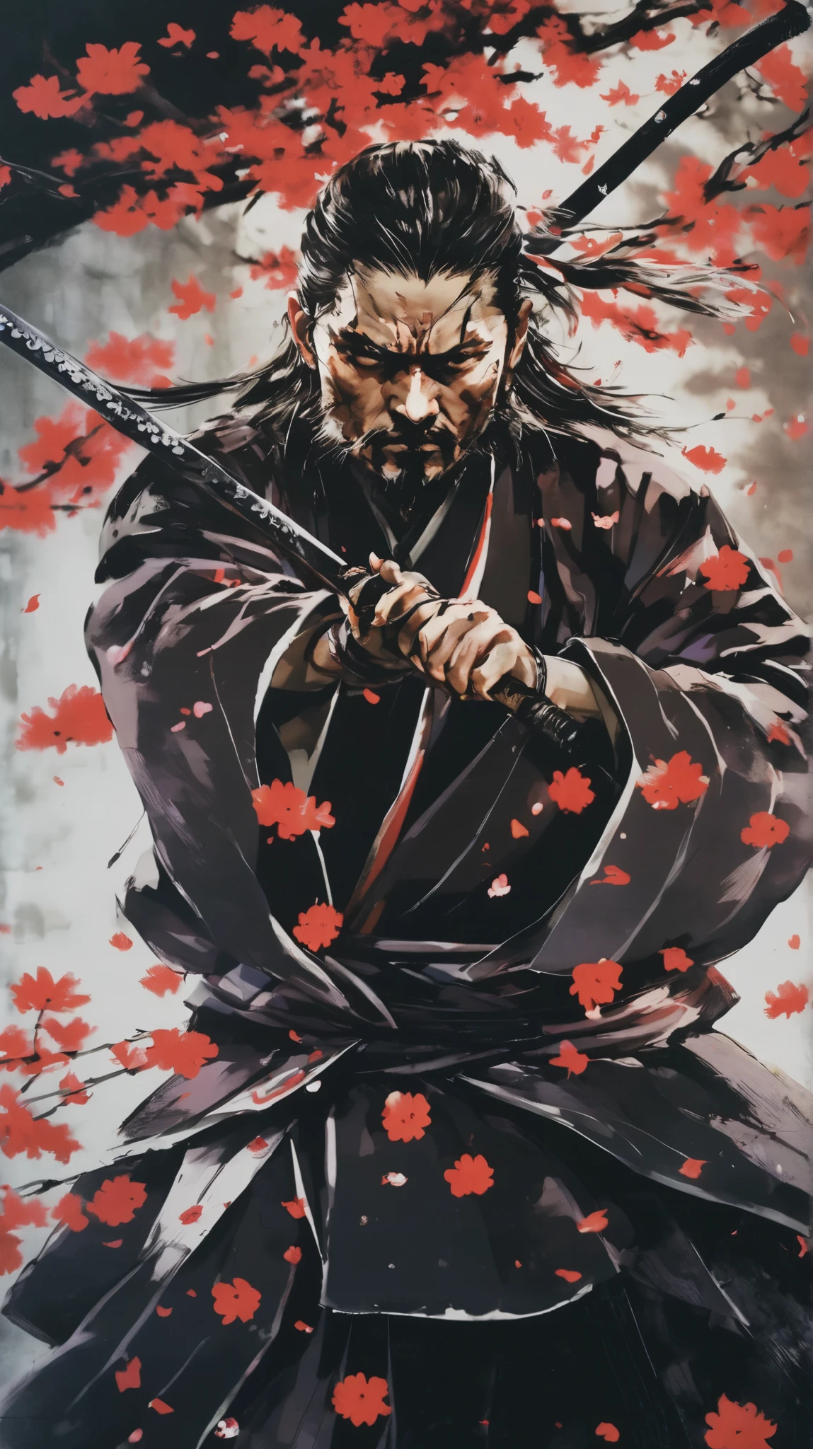 score_9, score_8_up, score_7_up, man with black jinbei, unsheathing a katana in front of his face, sakura petals flying around, serious face, Black eyes, Dark Background, Mystical Light Falls on samurai, intricate details, Epic picture, Epic scene, dramatic lighting, high budget, bokeh, cinemascope, moody, epic, gorgeous, film grain, grainy, masterpiece, best quality, yoji shinkawa