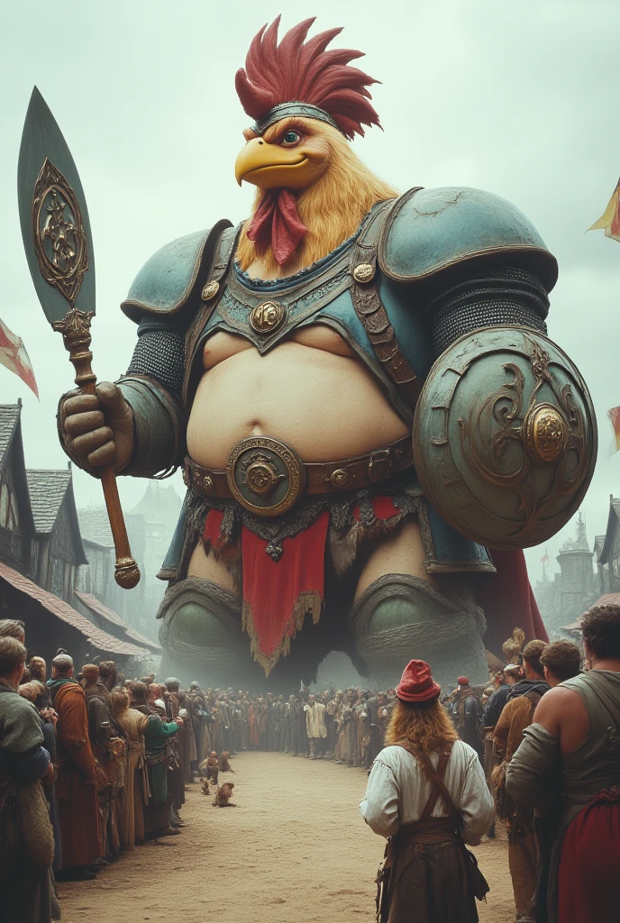 Depict a knight in ridiculously oversized armor, so large that he struggles to move. His helmet is shaped like a giant chicken, complete with a feathery plume, and his shield is painted with a cartoonish smiley face. He wields a massive spatula as his weapon. The background is a colorful medieval fair where jesters and peasants laugh and cheer him on. Despite the absurdity, the knight strikes a heroic pose, determined to save the day.