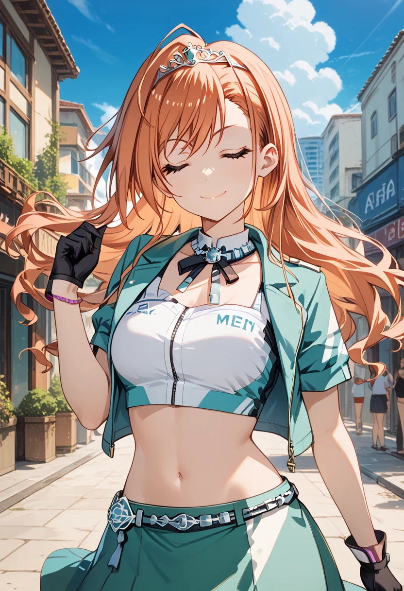 arisugawa natsuha, 1girl, solo, long hair, breasts, smile, navel, closed mouth, jacket, closed eyes, short sleeves, outdoors, black gloves, belt, midriff, orange hair, crop top, hand on own hip, neck ribbon, tiara, green skirt