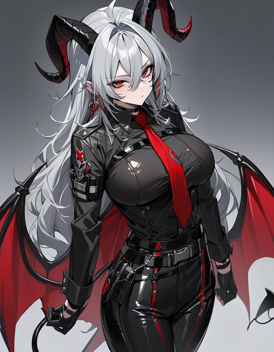 Zani, demon tail, long hair, multicolored hair, grey hair, hair between eyes, goat horns, demon horns, red eyes, large breasts, first rate breasts, black shirt, collared shirt, red necktie, long sleeves, black gloves, latex gloves, black pants, earrings, black choker