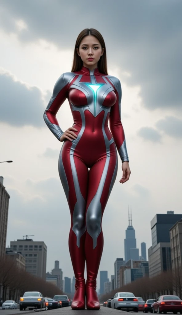 "Produce a realistic half-body 2K image of a captivating Korean woman with a perfect hourglass figure, long legs, and smooth white skin. She is clad in a modernized Ultraman-inspired costume, featuring metallic red, silver, and blue tones with a glowing chest piece. Her pose is heroic, with one hand extended forward and the other resting on her waist, exuding confidence and strength. She stands atop a detailed miniature cityscape, with tiny buildings, cars, and streets surrounding her, evoking a powerful protector theme under a dramatic sky."