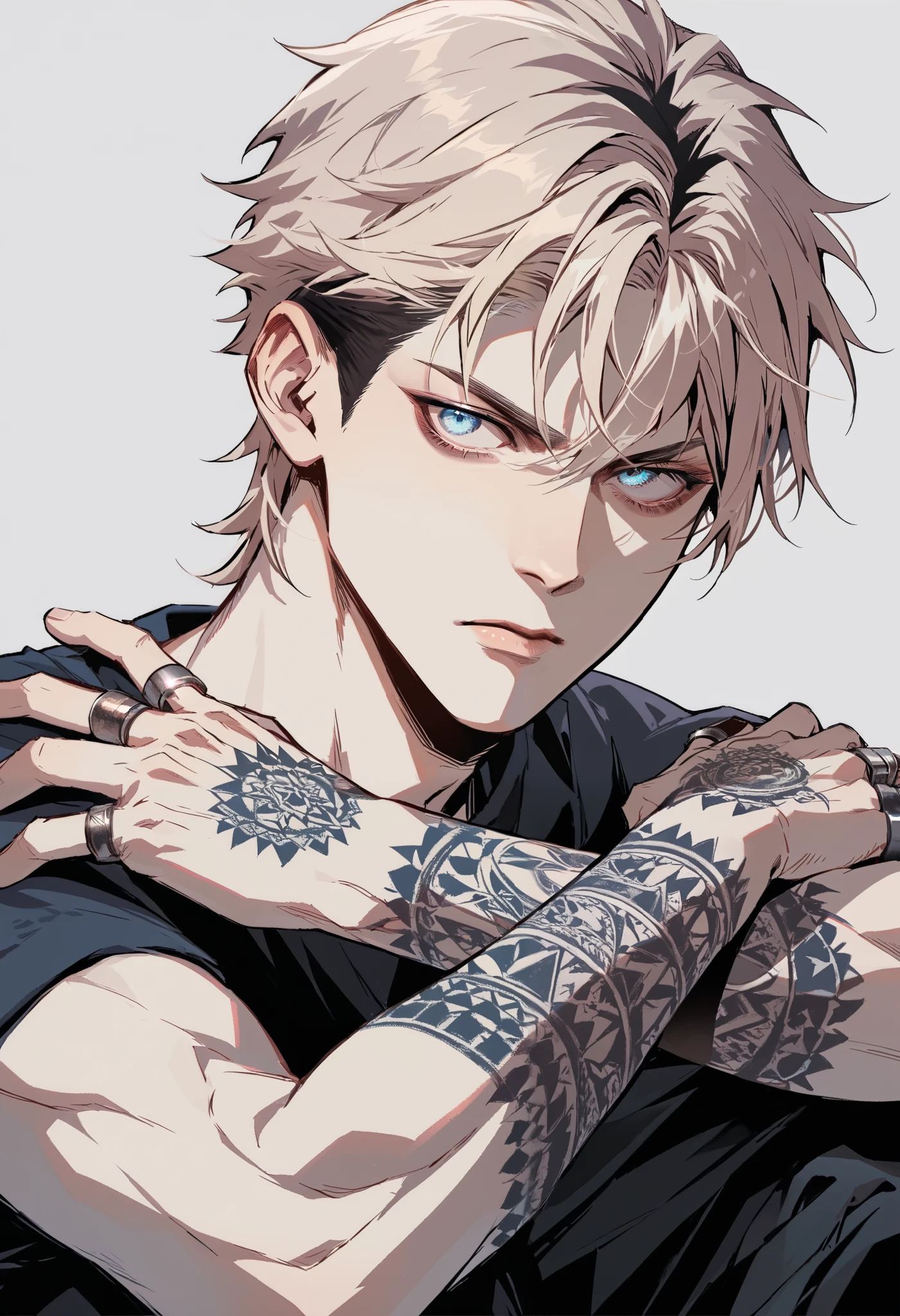 1male, light blond hair, light blue eyes, pale skin, bangs, athletic body, two ring tattoos around each of his forearms, simple background, modern clotches, serious, dark circles under eyes