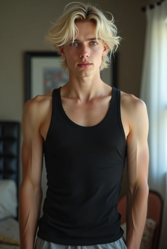 NSFW - Full-length photograph of Gorgeous NUDE thin blonde 16 year old trim, athletic model and track star poses for studio photograph. Dramatic side lighting highlights her very lean feminine muscles. Perfect feminine athletic form. She's standing against a plain very dark background. No lights or details are visible in the background.