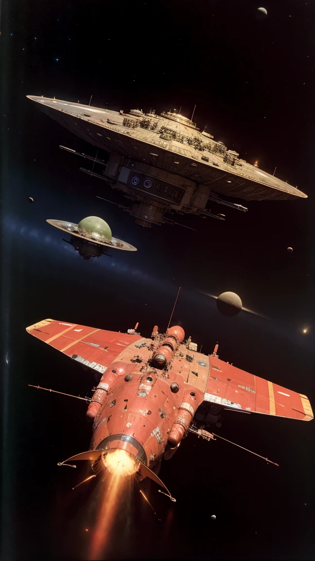 RAW photo of a multi colored red spaceship with lots of antennas,flying past a gas giant, lots of asteroids in outer space, detailedchris foss style