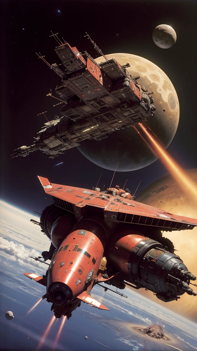 RAW photo of a multi colored red spaceship with lots of antennas,flying past a gas giant, lots of asteroids in outer space, detailedchris foss style