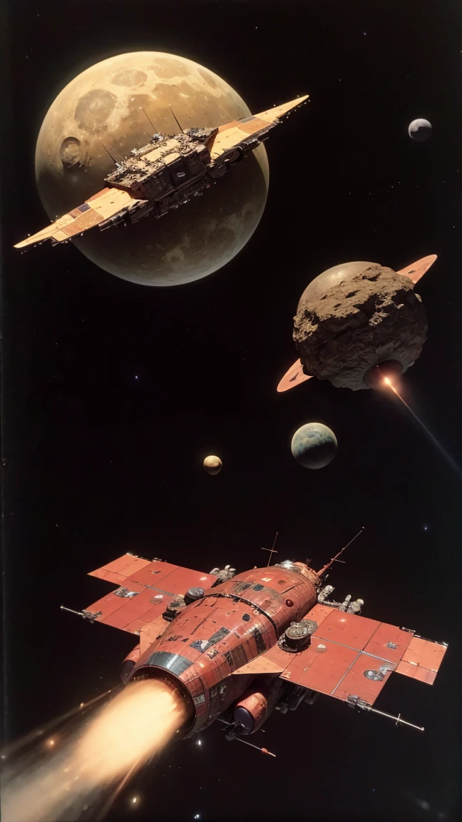 RAW photo of a multi colored red spaceship with lots of antennas,flying past a gas giant, lots of asteroids in outer space, detailedchris foss style