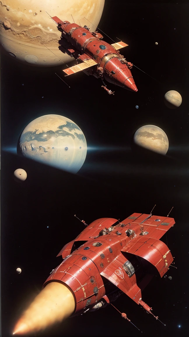 RAW photo of a multi colored red spaceship with lots of antennas,flying past a gas giant, lots of asteroids in outer space, detailedchris foss style