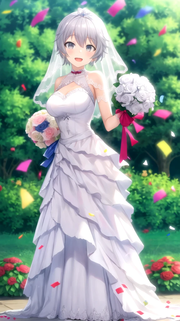 masterpiece, best quality, girl, solo, looking at viewer, lux_arcadia, grey hair, grey eyes, large breasts, wedding Dress, standing, garden, confetti, holding bouquet, smile, open mouth,