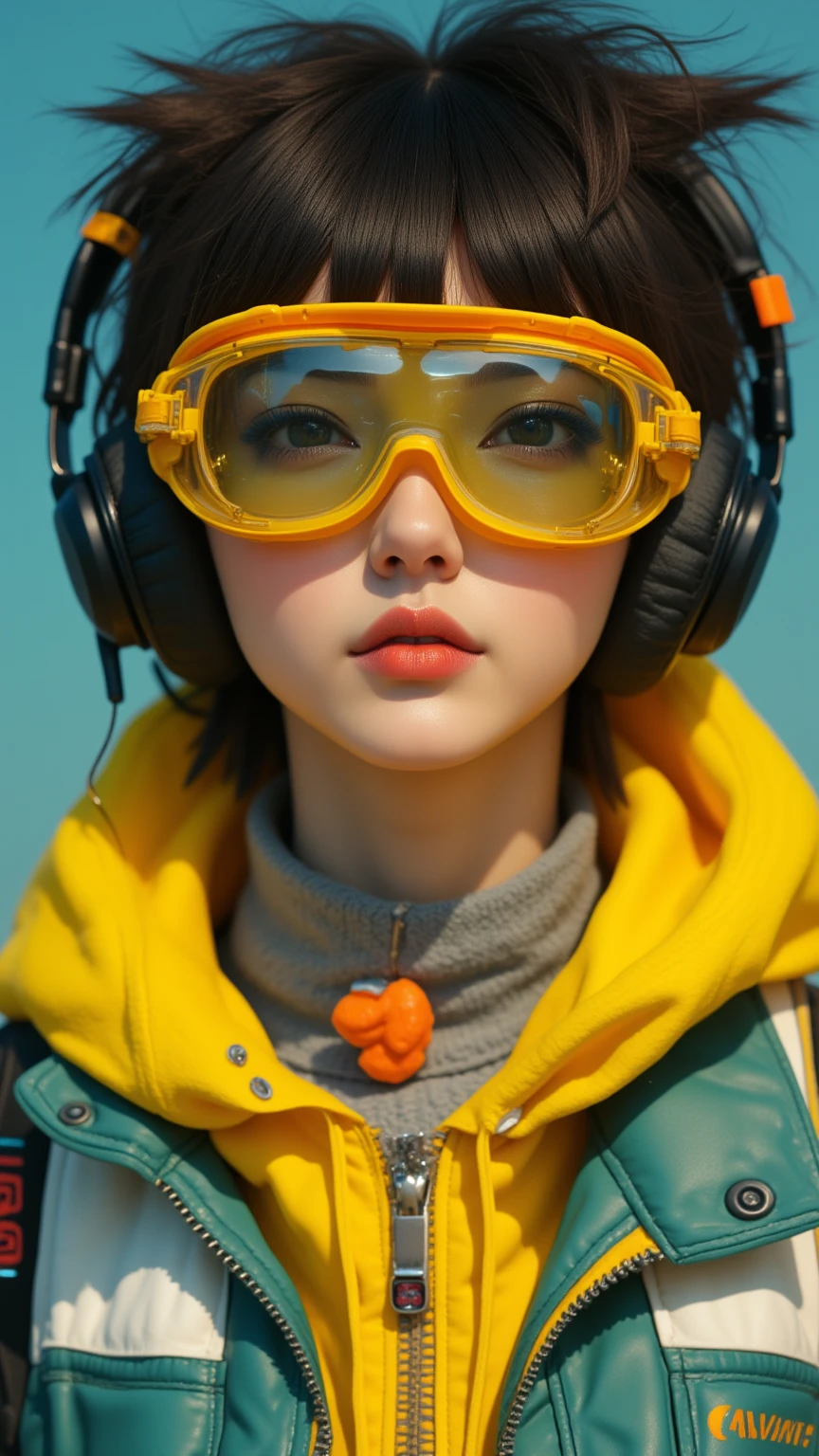 A stylish woman in her 20s. A vibrant and vibrant photo of street punk with a bold, futuristic aesthetic. Cyberpunk Street Warrior adds playful and rebellious energy with spikes and tubular black hair. They form a dynamic focus by wearing oversized yellow goggles (transparent glasses:1) with opaque surfaces that reflect ambient light.
Combined with stylish black over-ear headphones, these goggles combine a modern tech element with a retro cyber vibe. Orange gumdrops pop out to the center of the face for a playful and comfortable attitude to the composition.
Her outfit is a bright yellow hoodie with a white zip vest layered over a teal jacket, in sharp contrast to the grey turtleneck that wraps around her neck.