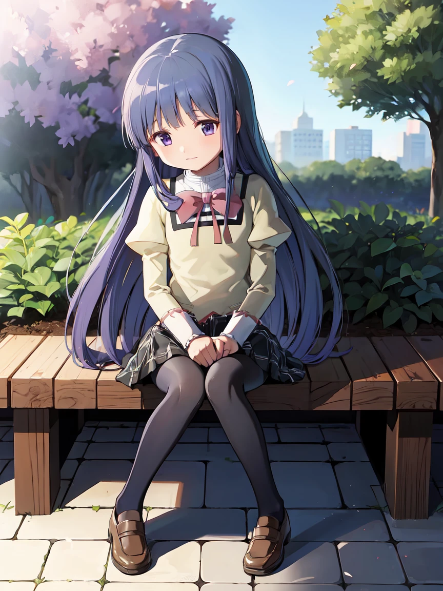 (Furude Rika),  1 Woman , Alone, ((mitakihara school uniform)), ( red ribbon ),  blue hair,  purple eyes,  long hair, blunt bangs, bangs,  garden, full body