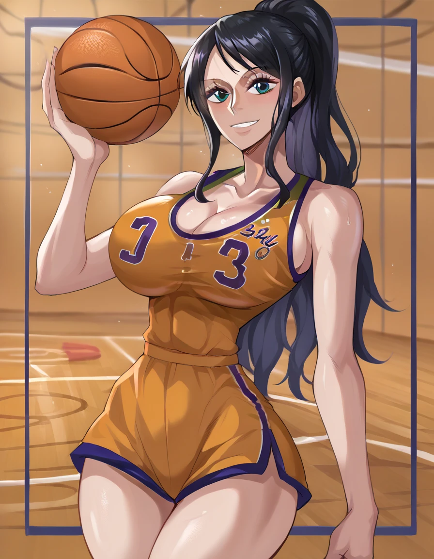 1girl, solo, nico robin, yellow basketball outfit, yellow outfit, with the written text of "lakers" on the jersey with purple text with jersey number 7, looking at viewer, smile, basketballcourt background, holding the basketball
