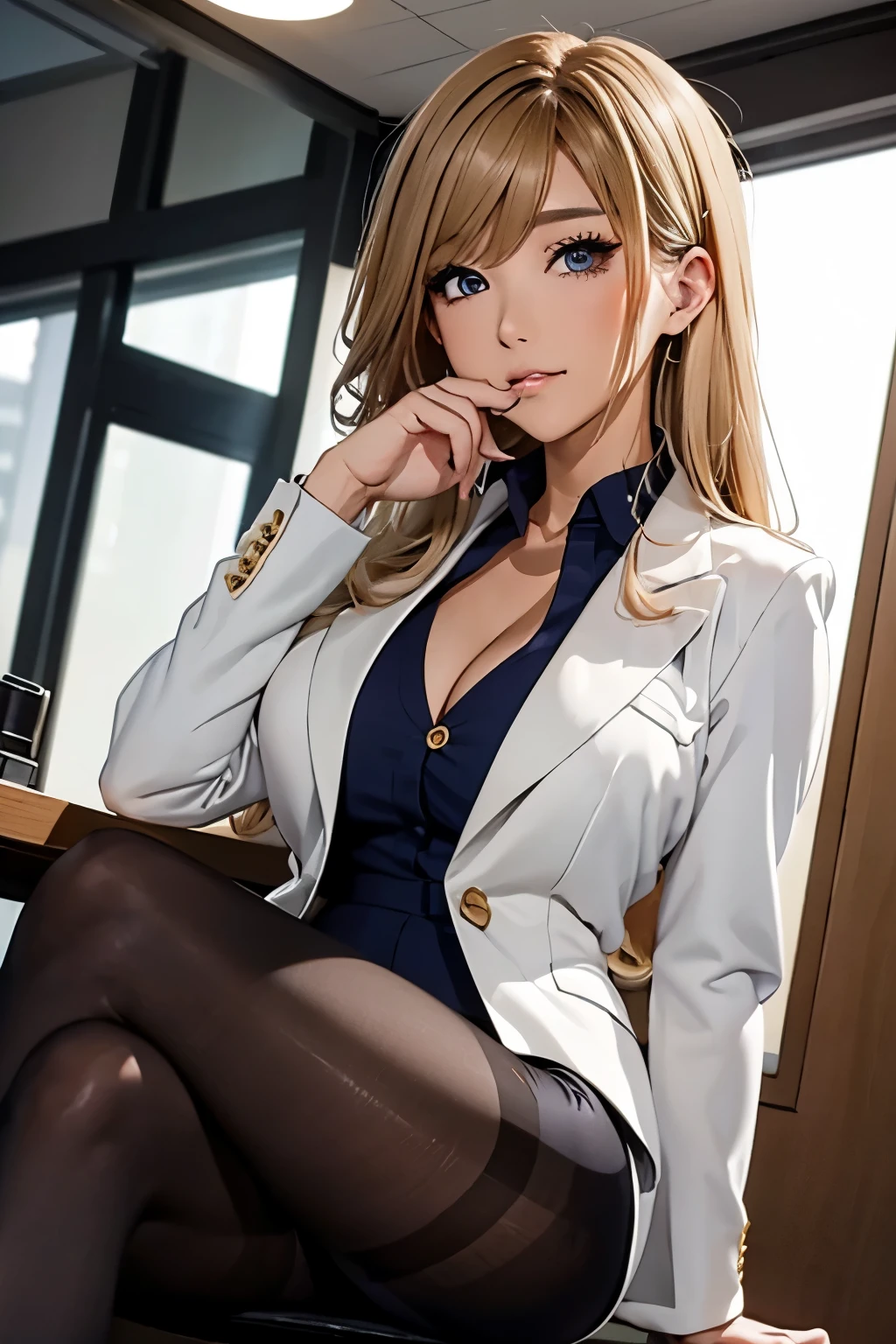 (best quality,4k,8k,highres,masterpiece:1.2),ultra-detailed,(realistic,photorealistic,photo-realistic:1.37),portraits,white panties,blazer jacket,long hair,adorable,full focus charm,studio lighting,vivid colors,soft and warm lighting,delicate details,candid moment,comfortable seating,sassy pose,front view ((blood stand panties,))