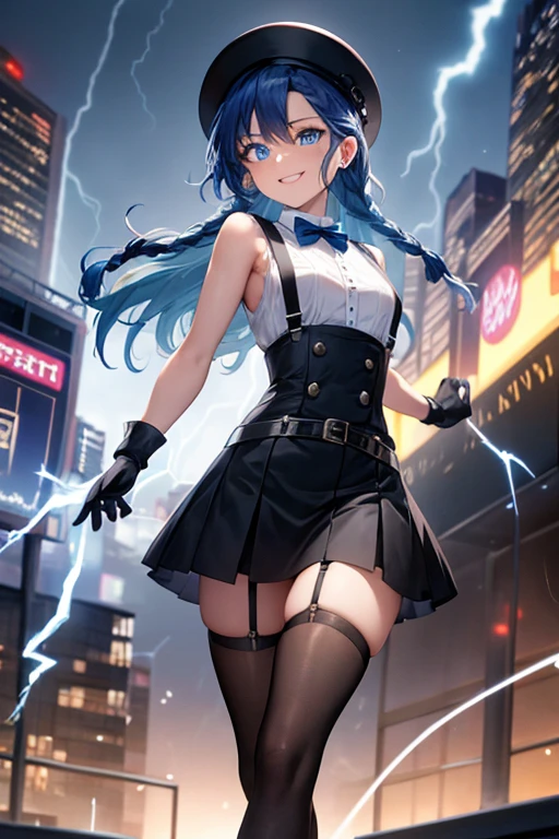 The Giantess Goddess with electric blue skin and glowing silver eyes steps onto a massive suspension bridge. Her hair, a cascade of blue lightning, brushes against the cables, melting them instantly. Cars and people are flung into the air as her immense feet crush the bridge deck. She scoops up terrified commuters, pressing them against her electric curves, their struggles amplifying her lightning lust.