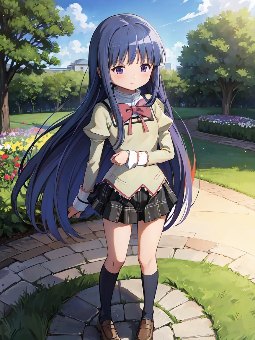 (Furude Rika),  1 Woman , Alone, ((mitakihara school uniform)), ( red ribbon ),  blue hair,  purple eyes,  long hair, blunt bangs, bangs,  garden, full body,  standing