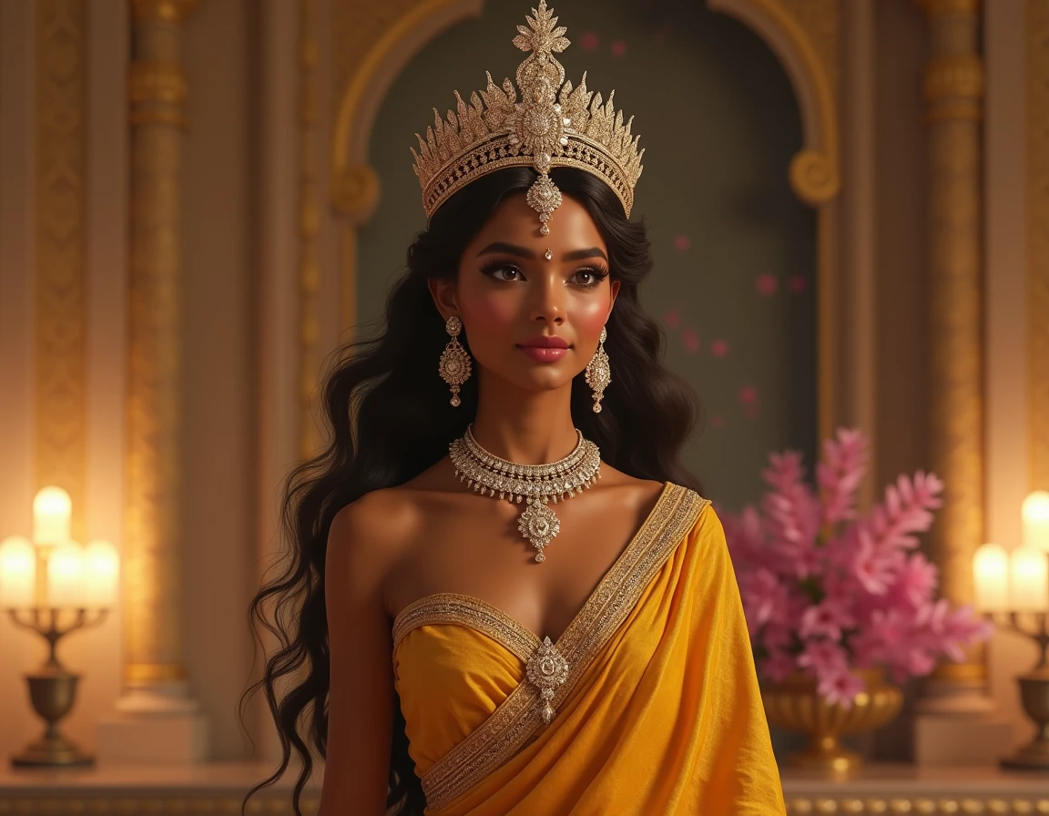 with high details, Highest quality, Masterpiece, See the entire body from head to toe., (Beautiful young Indian woman in traditional Indian dress Wear gold jewelry, crowns, and precious stones.), Inside a marble room decorated with patterns in an Indian castle., perfect female figure, Very amazing, Breathtakingly beautiful faces, enchanted goddess, beautiful lips, shiny skin, cinematic composition, Professional warm light and shadows, ((Very detailed eyes and face, Eyes with beautiful details, The skin is incredibly fine and realistic.)), (Full view of the camera) information