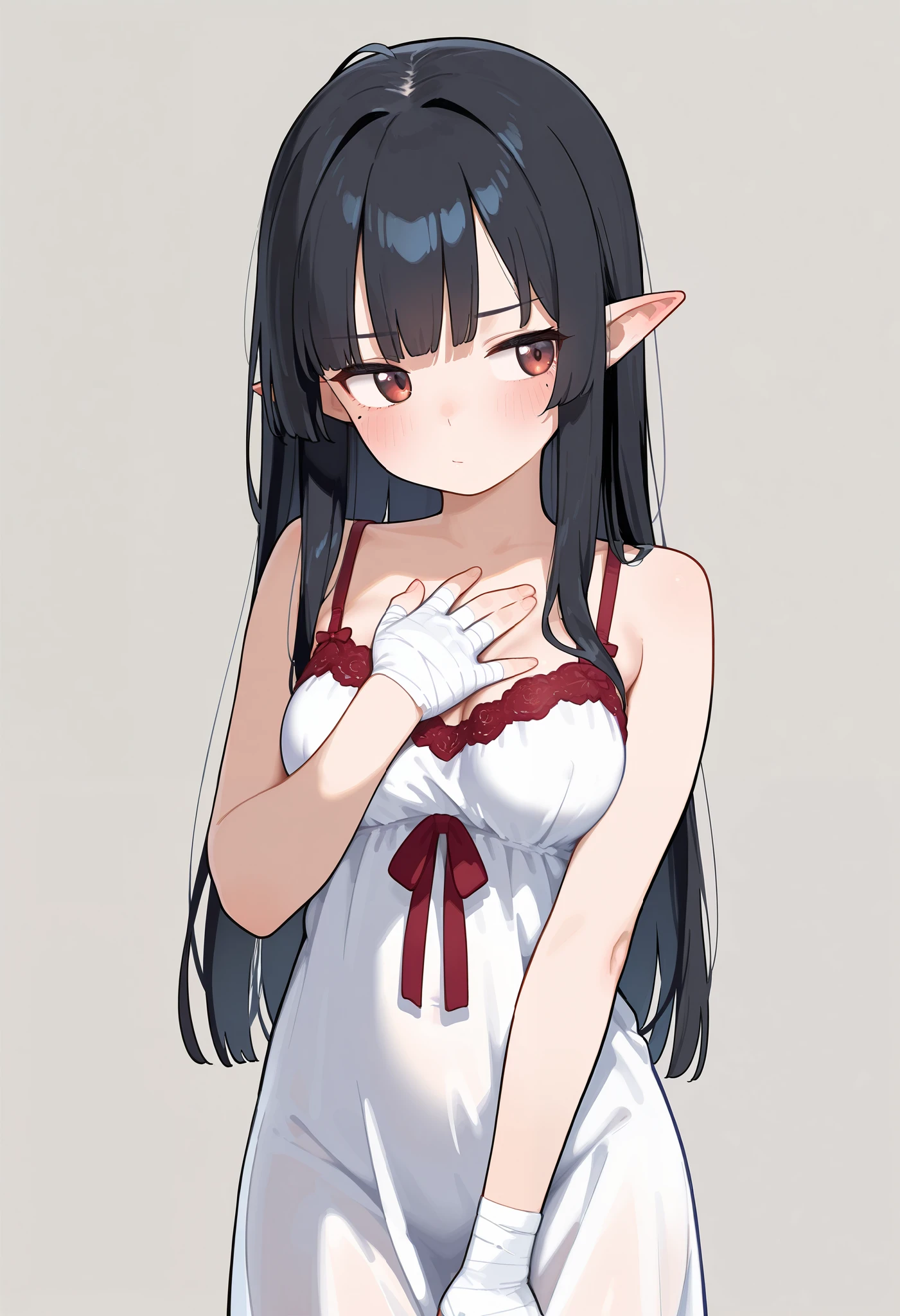 1girl, solo, bikibaka style, black hair, long hair, straight hair, hime cut, side locks, dark red eyes, mole under each eye, nightgown, sleeveless, white dress, red lace, medium breasts, bandaged hands, pointy ears, hand on chest, blush, facing viewer, looking away, innexpressive, grey background, simple background, looking at viewer, masterpiece, best quality, amazing quality, very aesthetic, high resolution