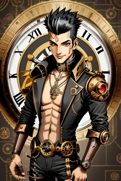 Clockwork,  steampunk, android, clockpunk, male, smiling, clockwork head, suit, black and white clothing, holding pocket watch, pendulum, muscular, black and white hair, Solo, spiked hair, buttoned shirt