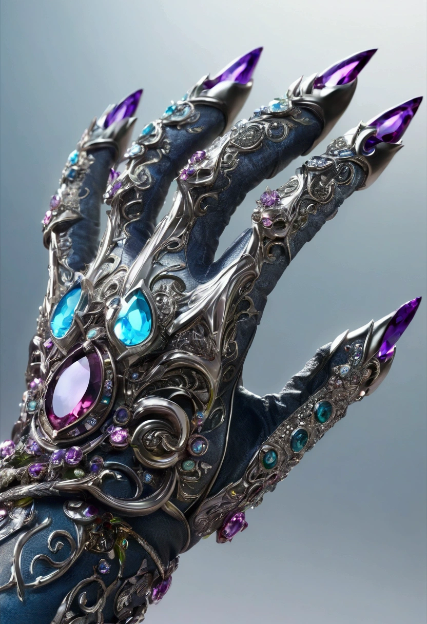 claw glove, Metal,Silver, crystal claw, with gems, long clows, very long fingers, extra long claws, long blades on fingers, fantasy, Amazing、8 k、Amazing、最 high quality、 very detailed 、 computer graphics 、 high quality、particle effects、 dynamic effects 、depth of text border、 cinematic light 、lens glare、 ray tracing、 real、Ultra HD、Fantasy）、Fantastic beauty、be surprised、be surprisedful, tentacle