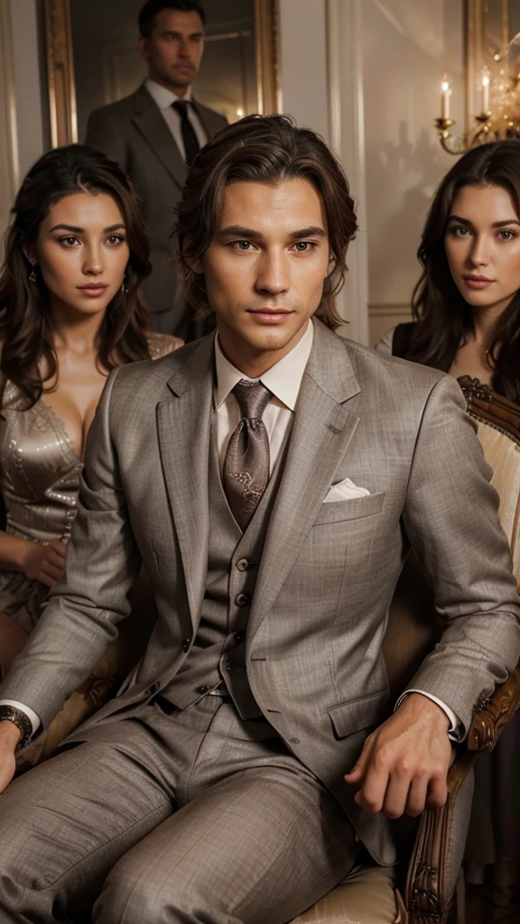 ((best quality)), ((masterpiece)), (detailed), perfect faceA fit handsome rich white boy in suit and gold locket in neck ,sitting on a sofa with his beautiful girlfriend in a luxury hall